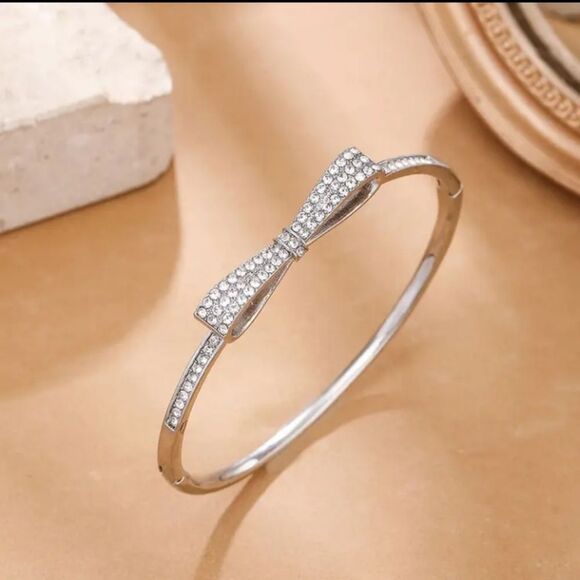 Silver Diamond Bow Bangle Bracelet - Picture 1 of 5